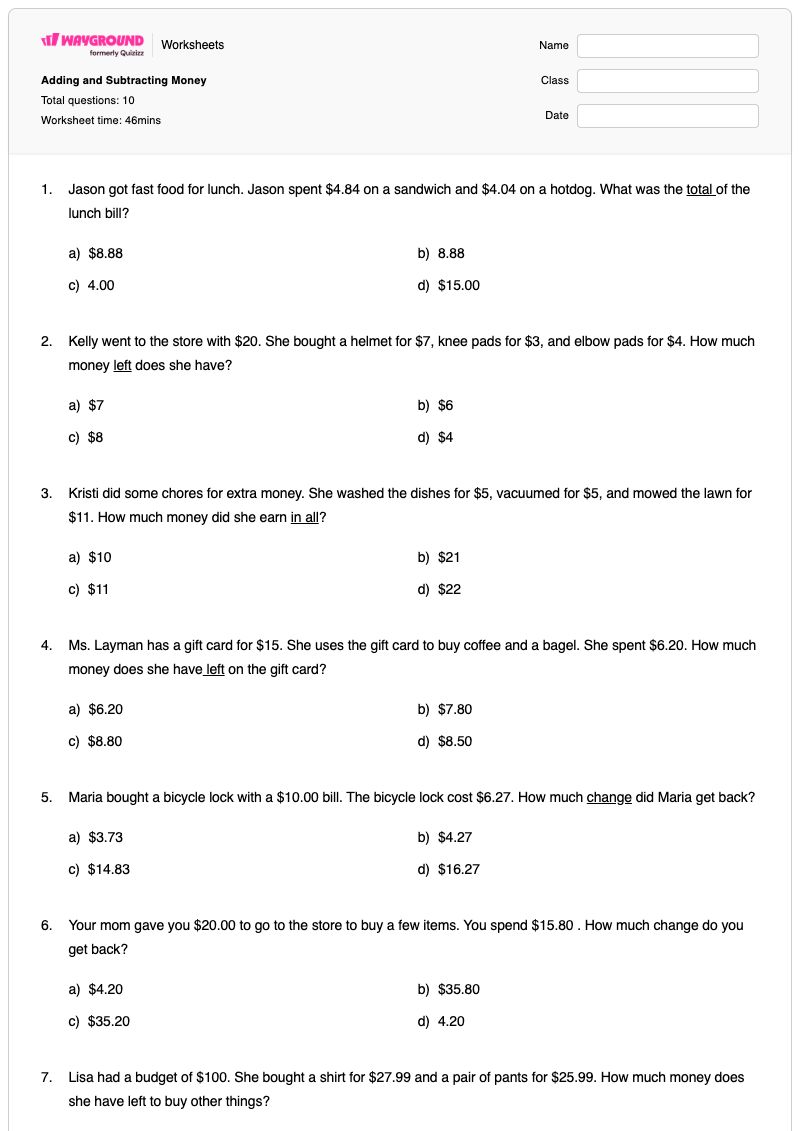 Adding and Subtracting Money - Printable Subtracting-money Worksheets Kindergarten - Wayground