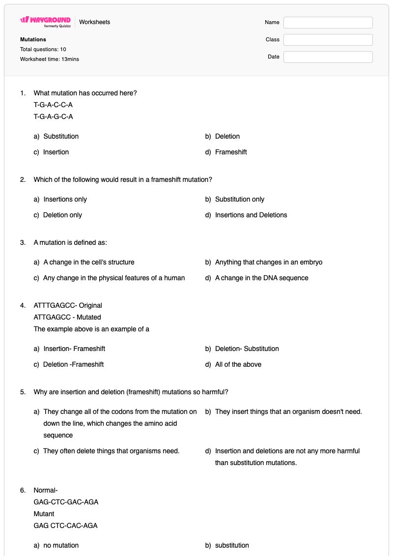 Mutations - Free Printable Worksheet | Wayground