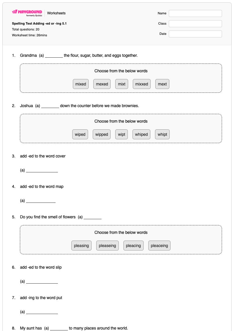 Spelling Test Adding -ed or -ing 5.1 - Printable Suffix--ed Worksheets Year 4 - Wayground