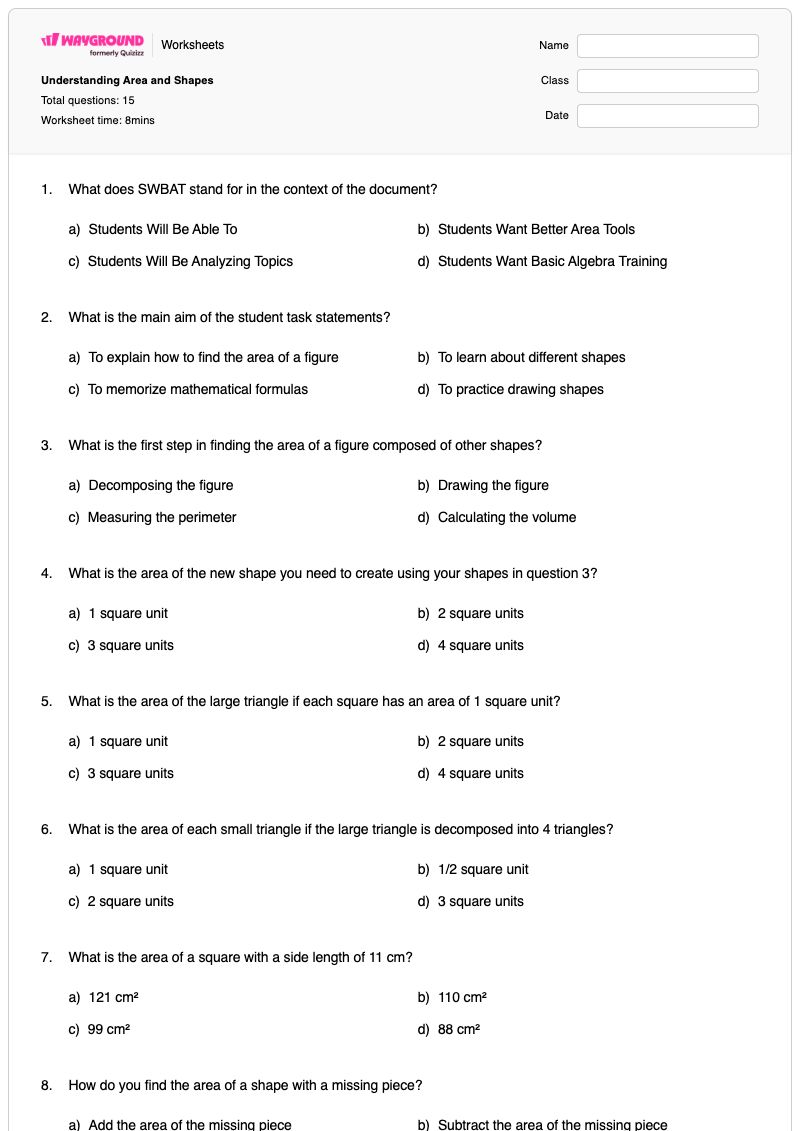 Understanding Area and Shapes - พิมพ์ได้ Area-of-polygons เวิร์กชีท - Wayground