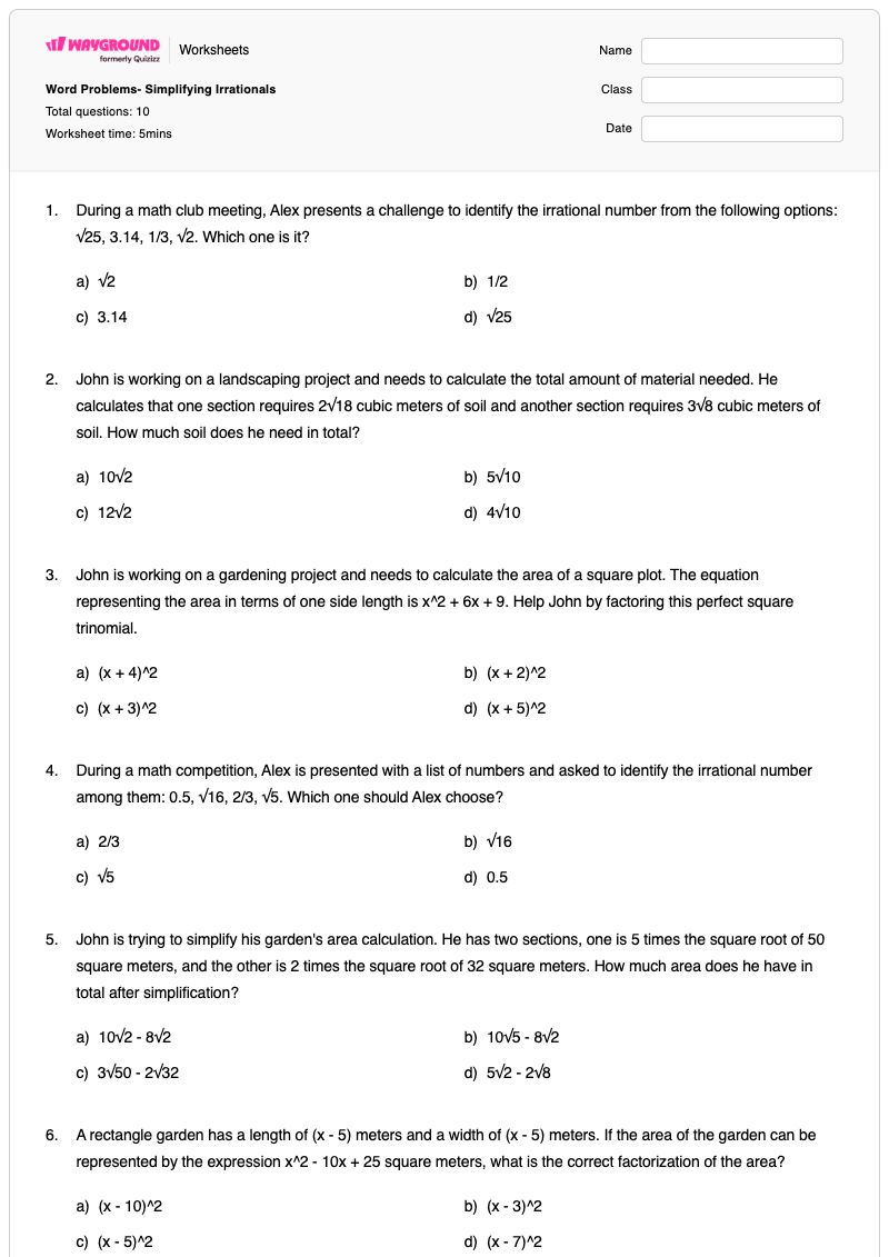 Word Problems- Simplifying Irrationals - พิมพ์ได้ Polynomial-word-problems เวิร์กชีท - Wayground