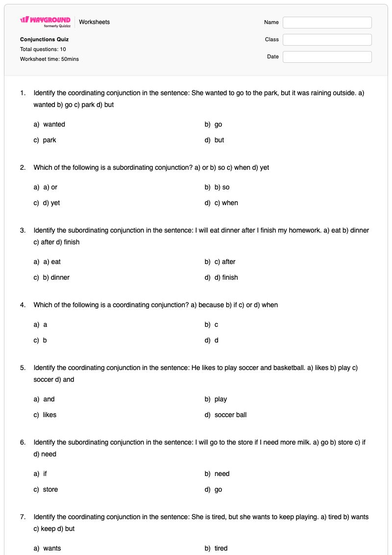 Conjunctions Quiz - พิมพ์ได้ คำสันธานประสาน เวิร์กชีท - Wayground