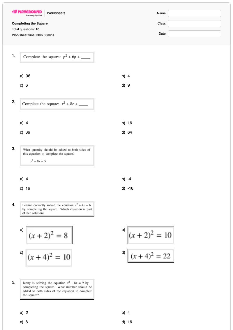 Completing the Square - พิมพ์ได้ การทำให้เป็นกำลังสองสมบูรณ์ เวิร์กชีท - Wayground