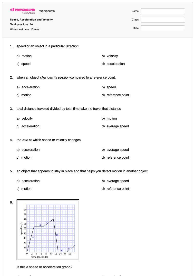 Speed, Acceleration and Velocity - พิมพ์ได้ ความเร็วและความเร่ง เวิร์กชีท - Wayground
