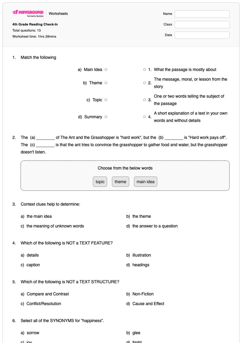 4th Grade Reading Check-In - Printable Reading-genres-and-types Worksheets Kindergarten - Wayground