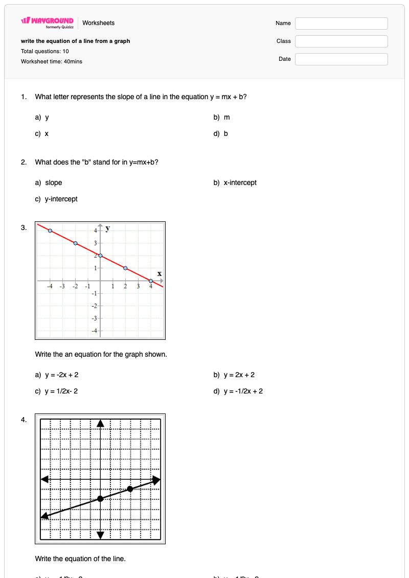write the equation of a line from a graph - Printable Equation-of-a-line Worksheets - Wayground
