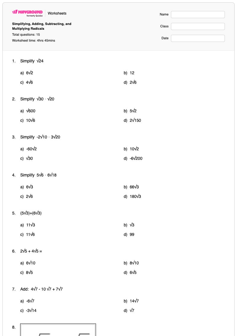 Simplifying, Adding, Subtracting, and Multiplying Radicals - พิมพ์ได้ Adding-and-subtracting-radicals เวิร์กชีท - Wayground
