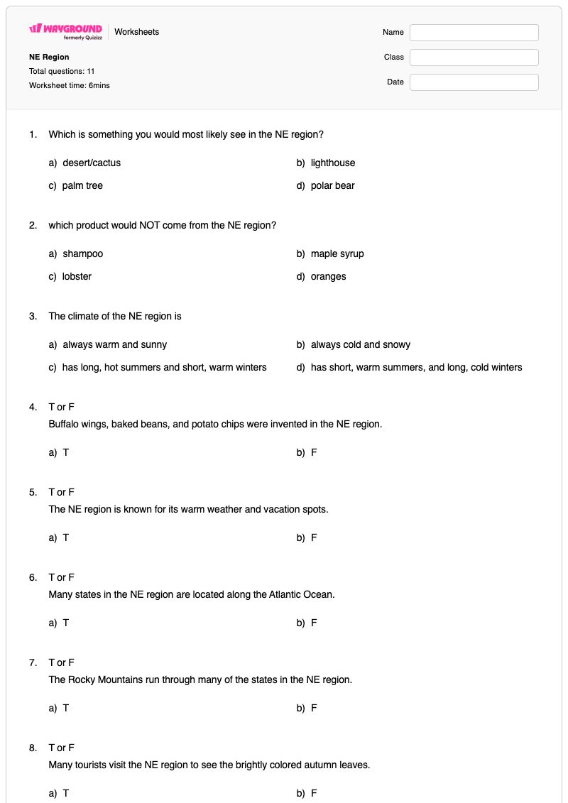 NE Region  - Printable Regions-of-the-united-states Worksheets - Wayground