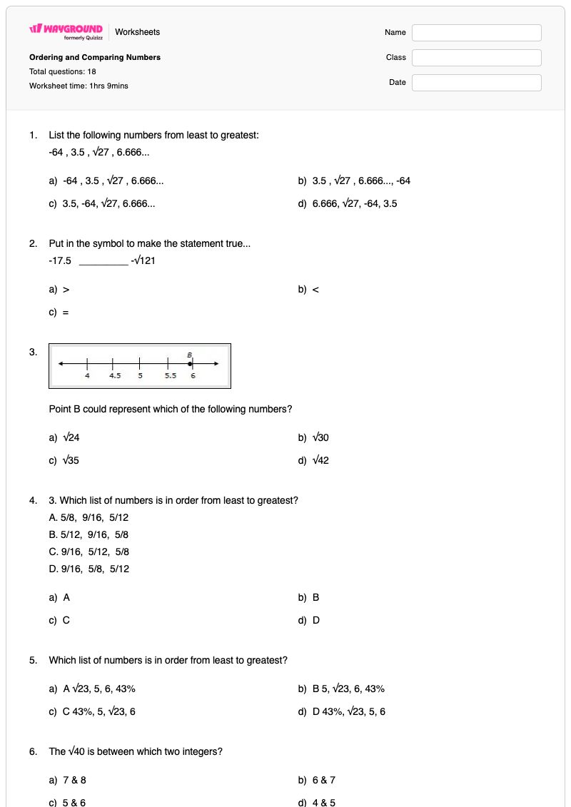Ordering and Comparing Numbers - พิมพ์ได้ Number-ordering เวิร์กชีท - Wayground