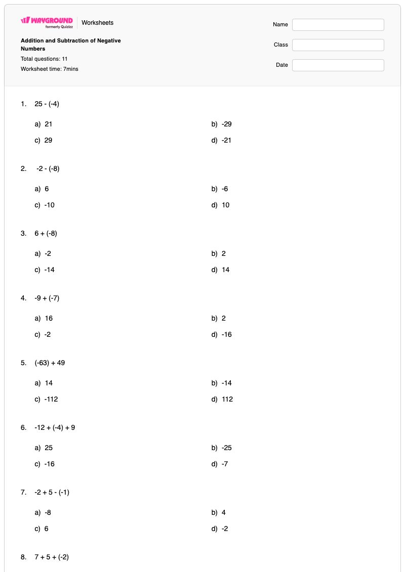 Addition and Subtraction of Negative Numbers - Printable Subtraction Worksheets - Wayground