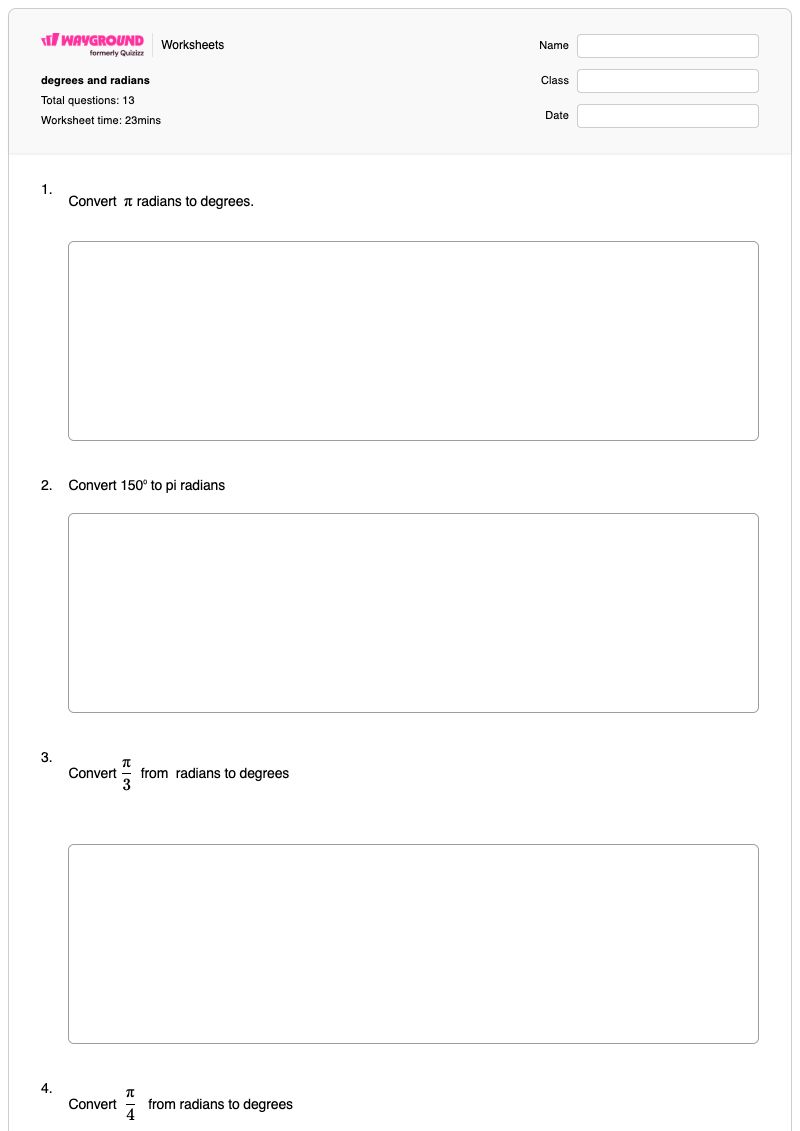 degrees and radians - Printable Radians-and-degrees Worksheets - Wayground