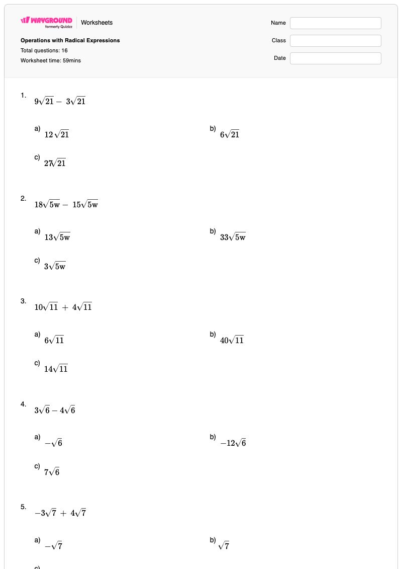 Operations with Radical Expressions - พิมพ์ได้ ปฏิบัติการสุดขั้ว เวิร์กชีท - Wayground