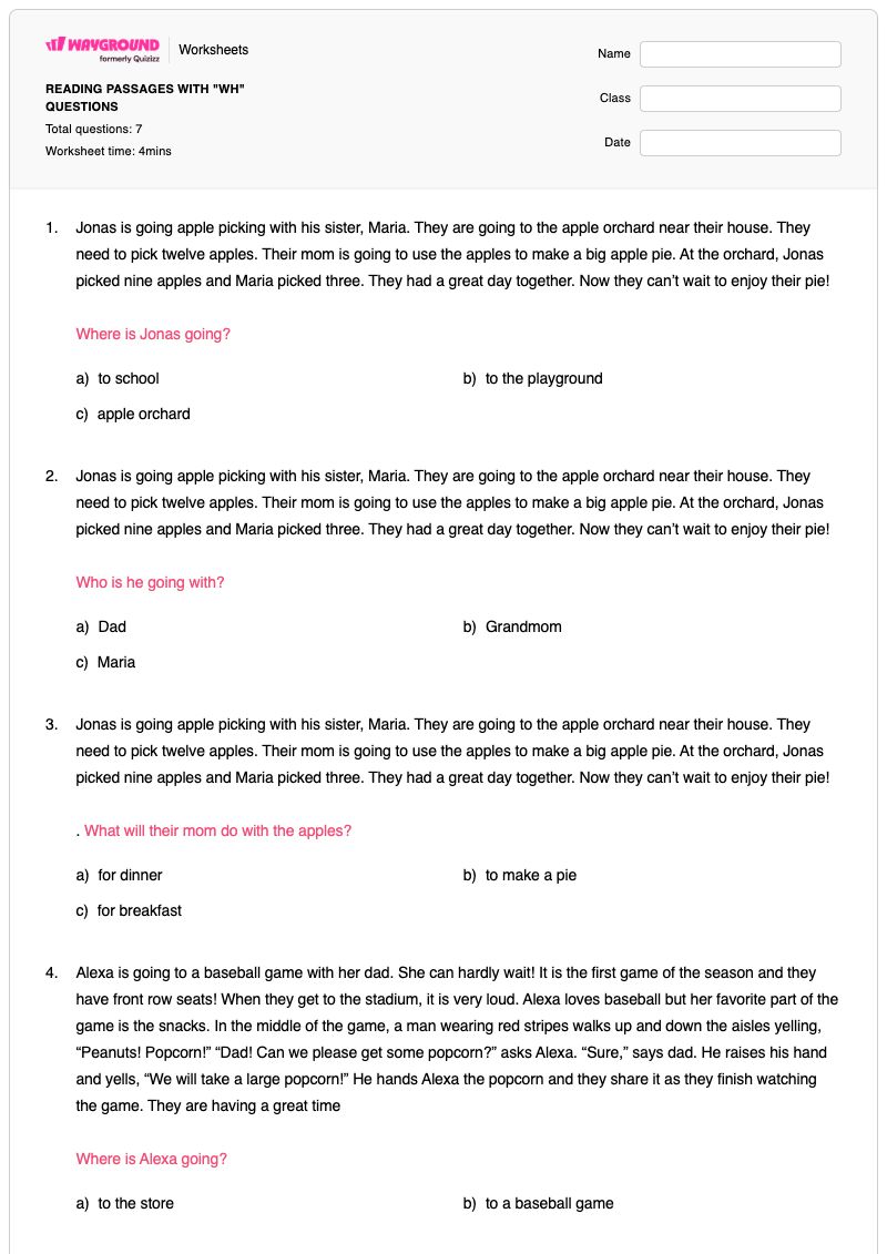 READING PASSAGES WITH "WH" QUESTIONS - พิมพ์ได้ คำถามเพื่อทดสอบความเข้าใจ เวิร์กชีท - Wayground
