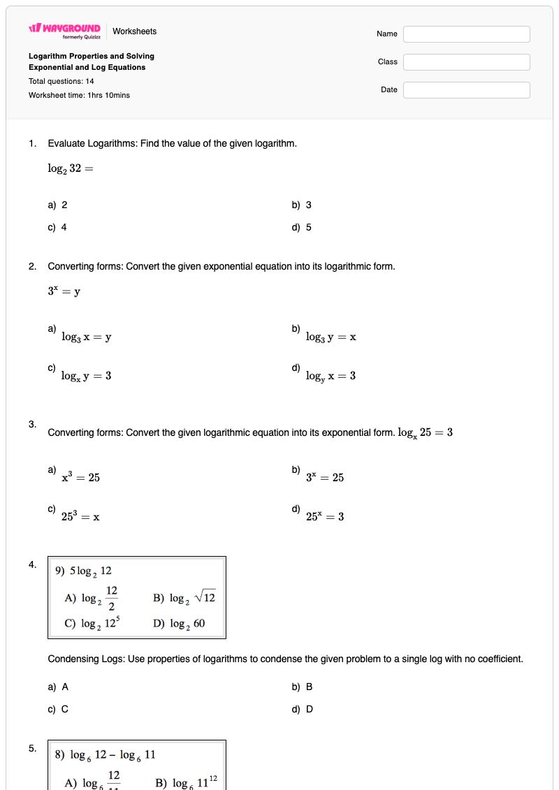 Logarithm Properties and Solving Exponential and Log Equations - พิมพ์ได้ Logarithmic-equations เวิร์กชีท - Wayground