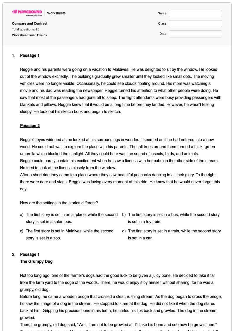 Compare and Contrast - Printable Short-stories Worksheets Grade 3 - Wayground