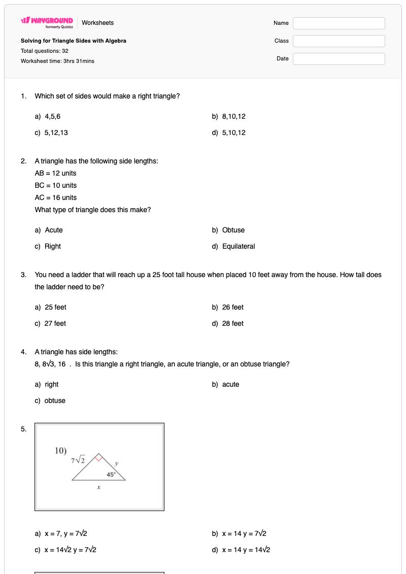 Solving for Triangle Sides with Algebra - Printable Algebra Worksheets - Wayground