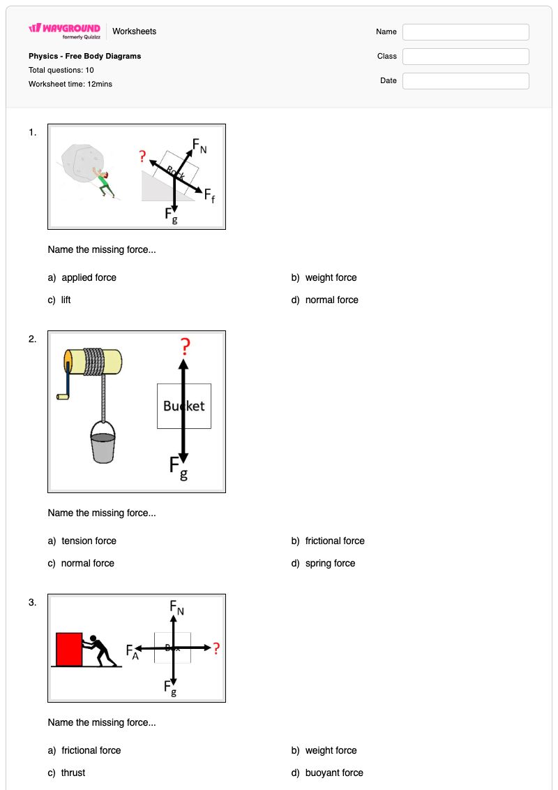 Physics - Free Body Diagrams - Printable Free-body-diagrams Worksheets Grade 10 - Wayground