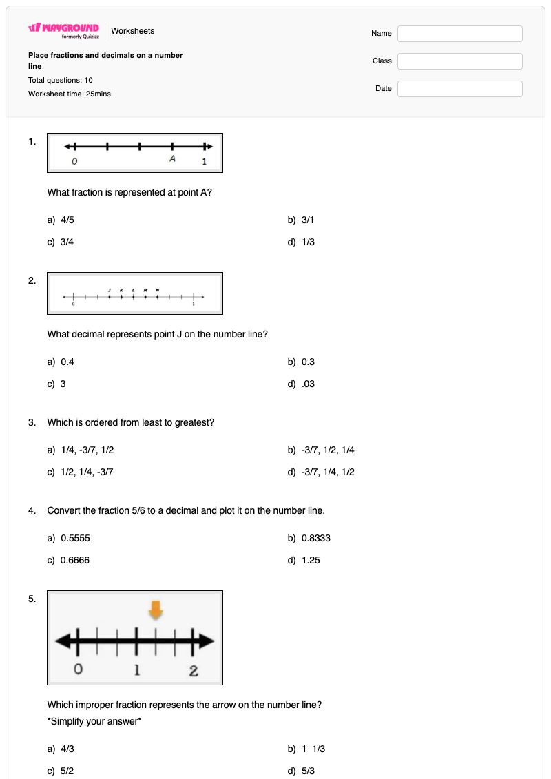 Place fractions and decimals on a number line - Printable Fractions-on-a-number-line Worksheets - Wayground