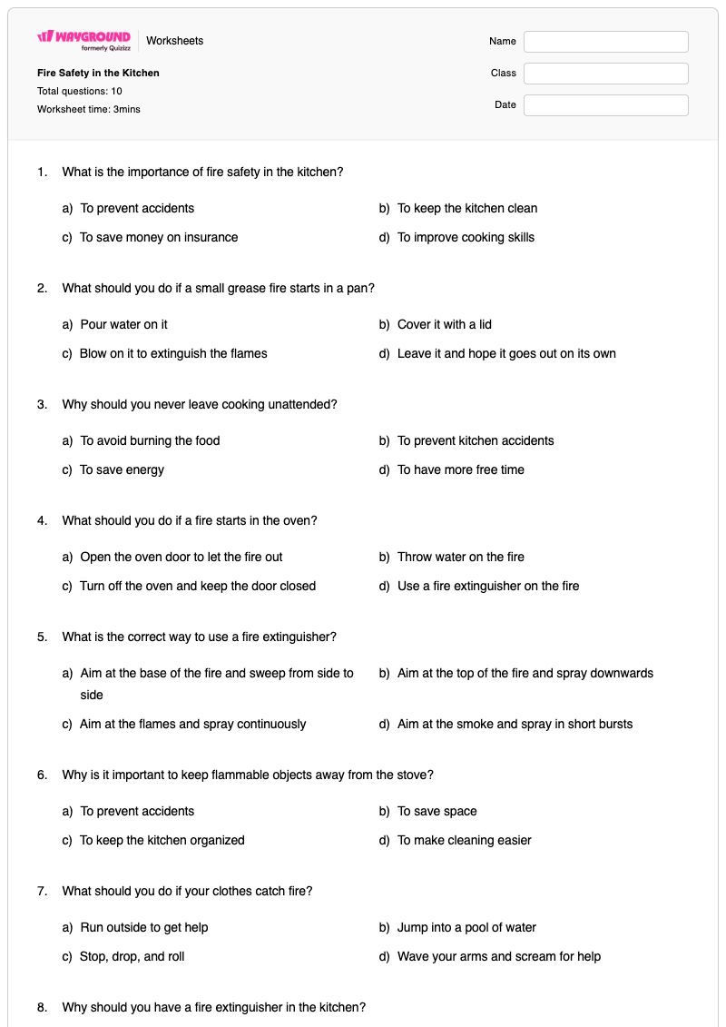 Fire Safety in the Kitchen - Printable Fire-safety Worksheets - Wayground