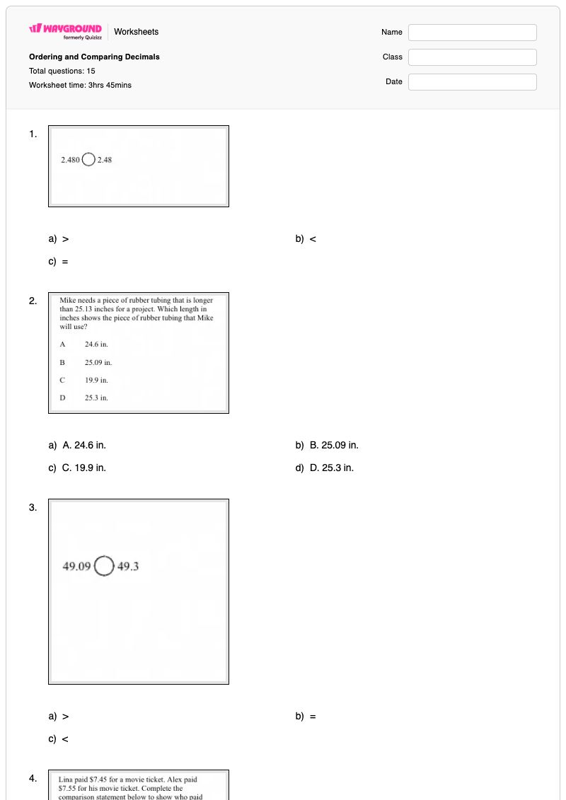 Ordering and Comparing Decimals  - พิมพ์ได้ การเปรียบเทียบราคา เวิร์กชีท ระดับ 5 - Wayground