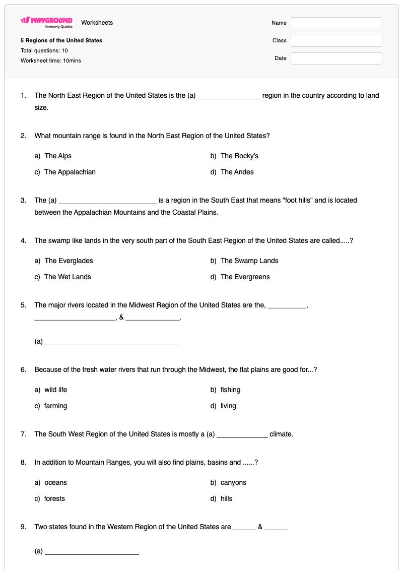 5 Regions of the United States - Printable Regions-of-the-united-states Worksheets - Wayground