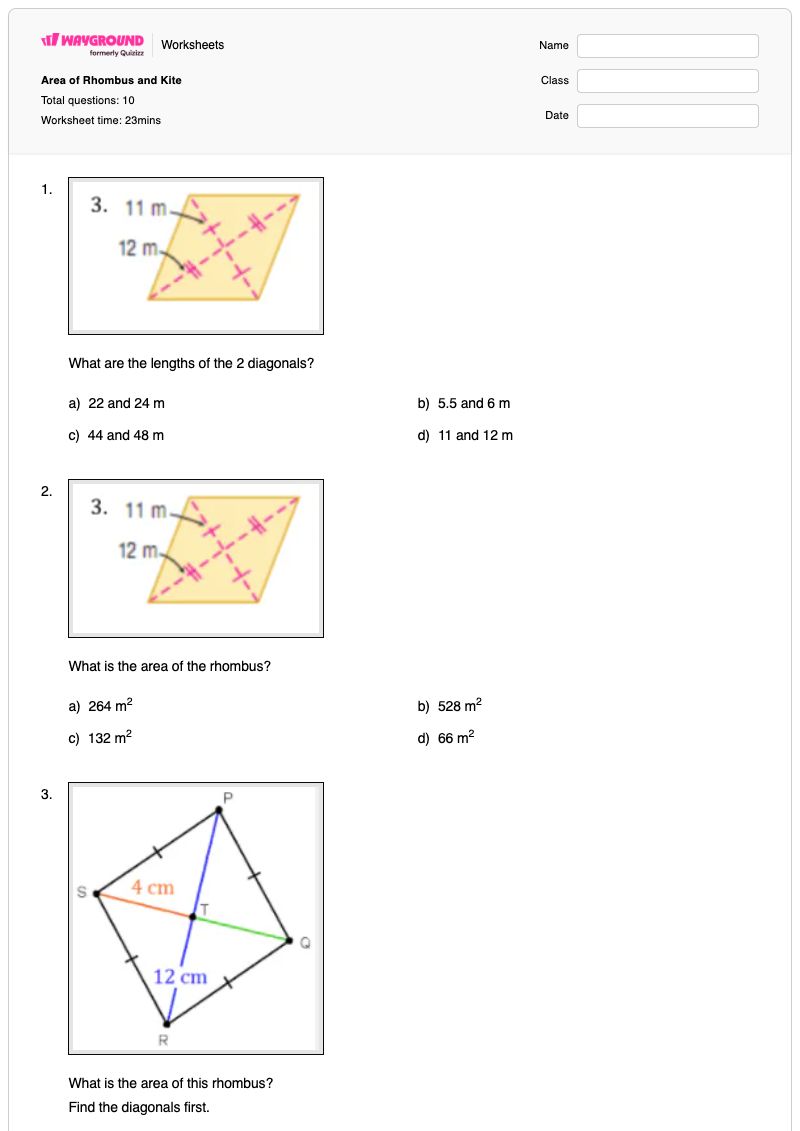 Area of Rhombus and Kite - Printable Area-of-a-kite Worksheets - Wayground
