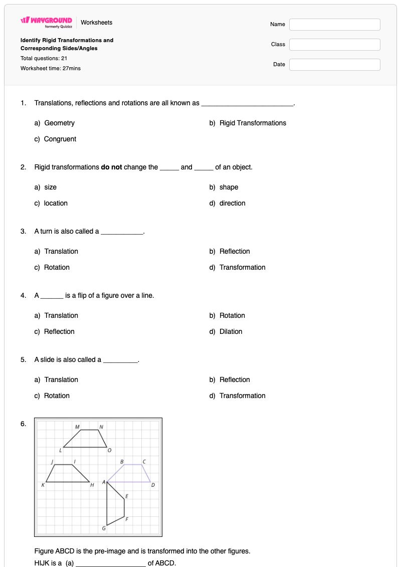 Identify Rigid Transformations and Corresponding Sides/Angles - Printable Geometry Worksheets - Wayground
