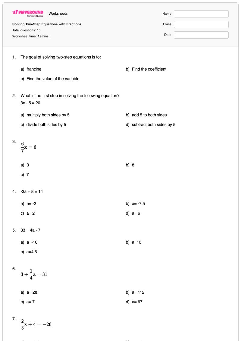 Solving Two-Step Equations with Fractions - Printable Two-step-equations Worksheets - Wayground