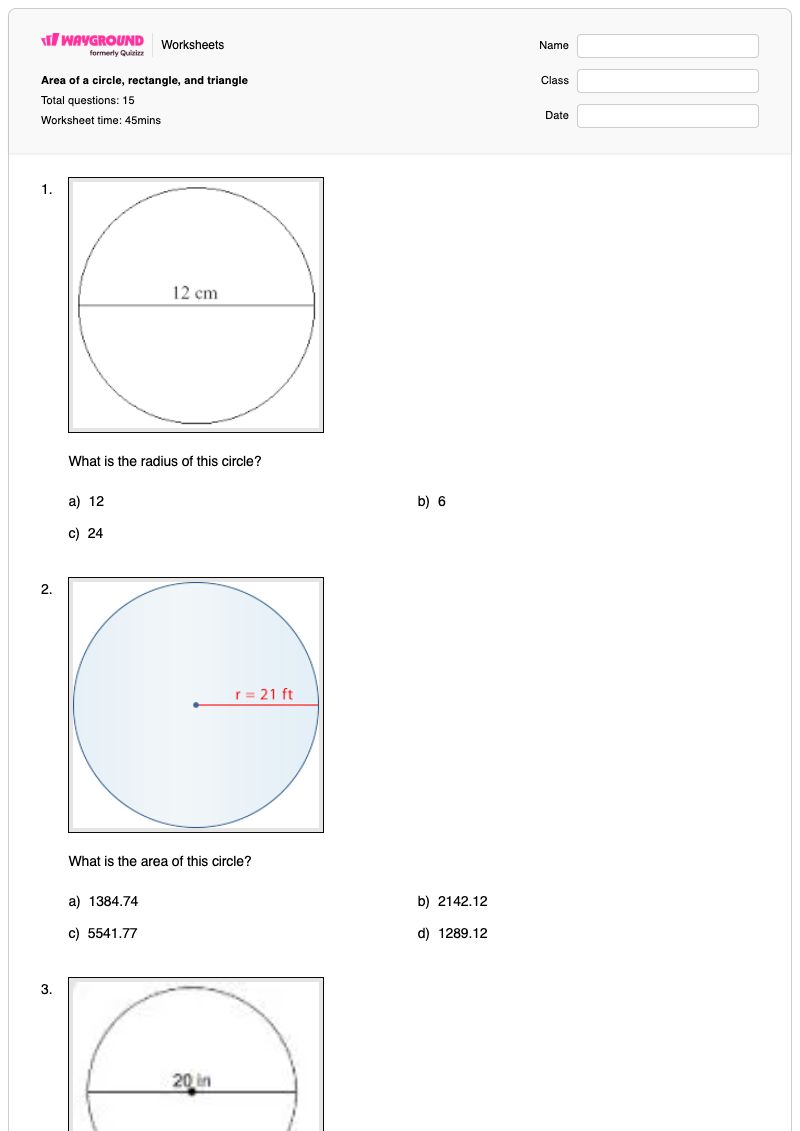 Area of a circle, rectangle, and triangle - Printable Area-of-a-triangle Worksheets - Wayground