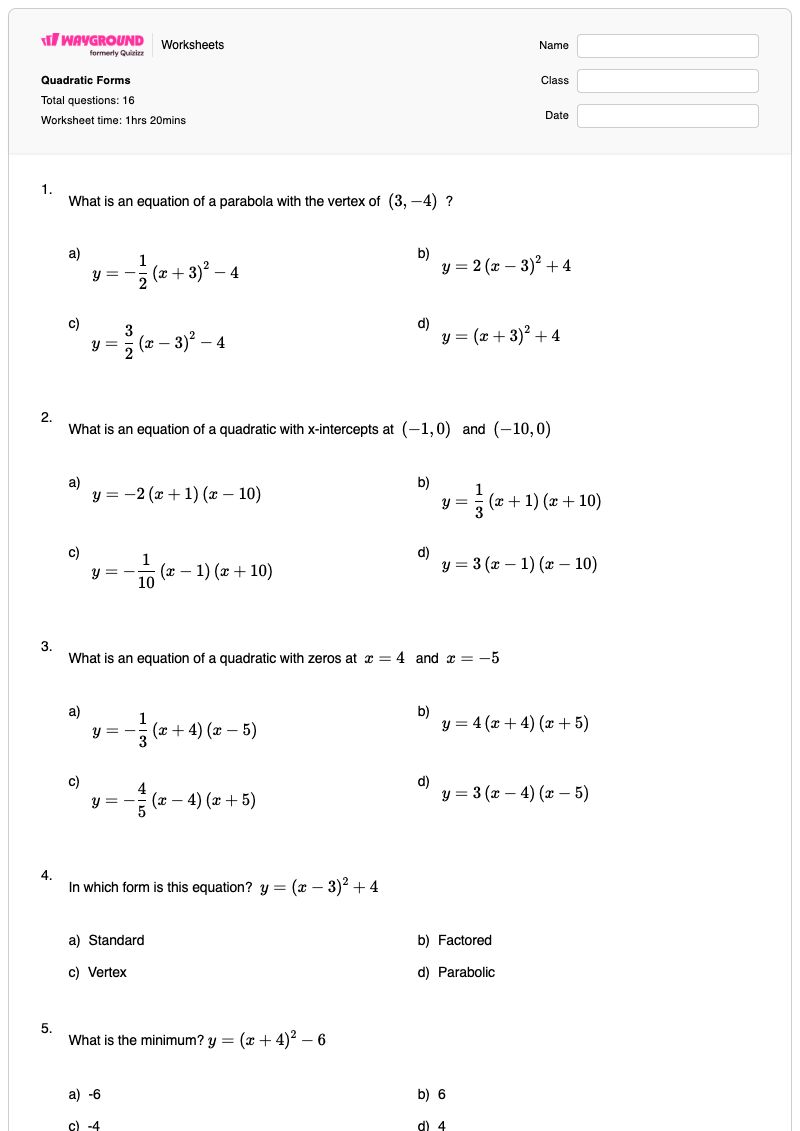 Quadratic Forms - Printable Quadratic Worksheets - Wayground
