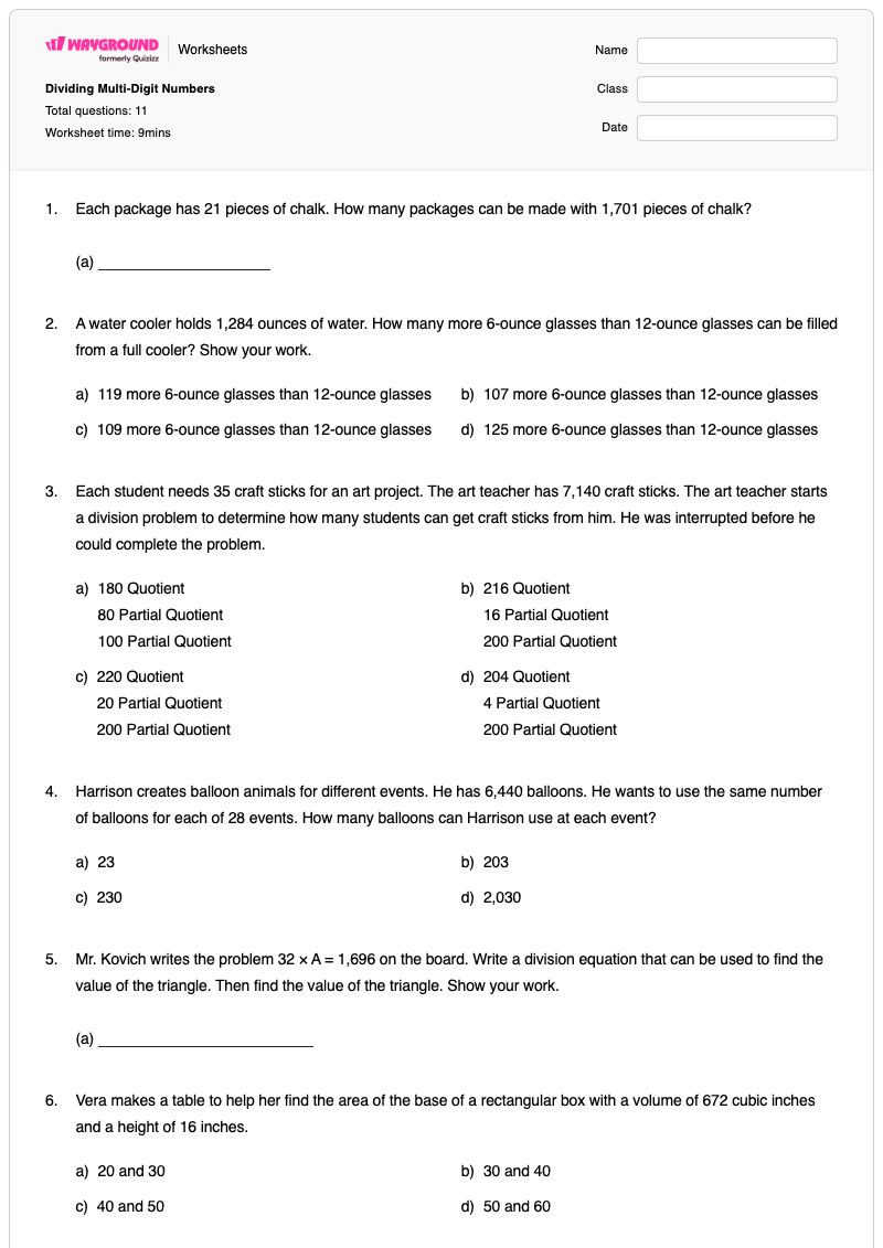 Dividing Multi-Digit Numbers - พิมพ์ได้ ตัวเลขหลายหลัก เวิร์กชีท ระดับ 5 - Wayground