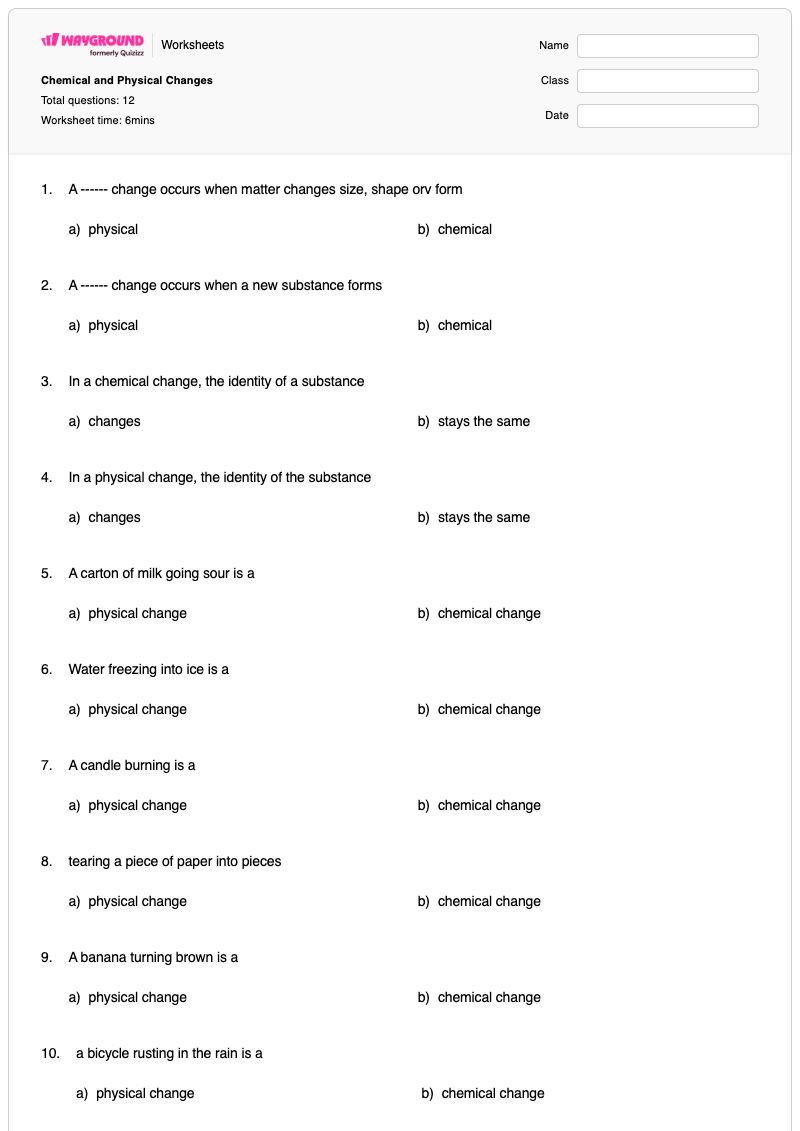 Chemical and Physical Changes - Printable Physical-and-chemical-changes Worksheets Grade 3 - Wayground