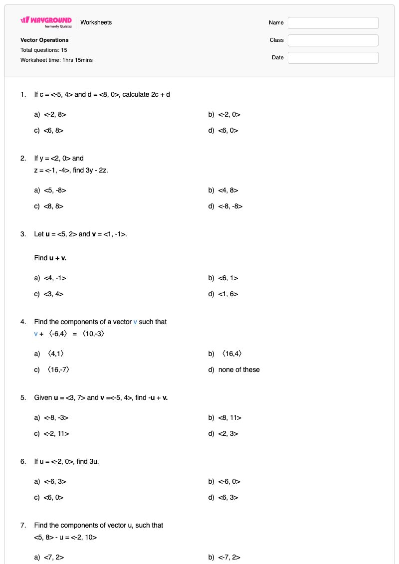 Vector Operations - Printable Scalar-and-vector-quantities Worksheets - Wayground
