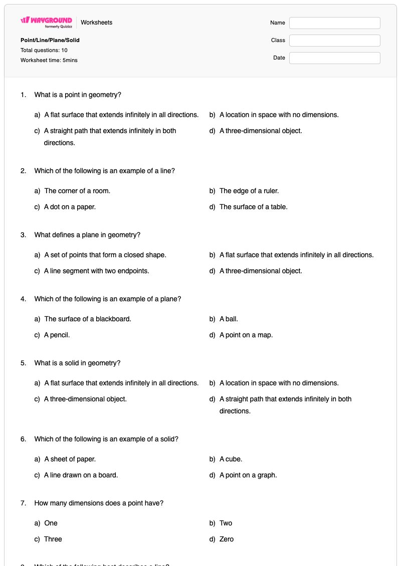 Point/Line/Plane/Solid - Printable Geometry Worksheets - Wayground