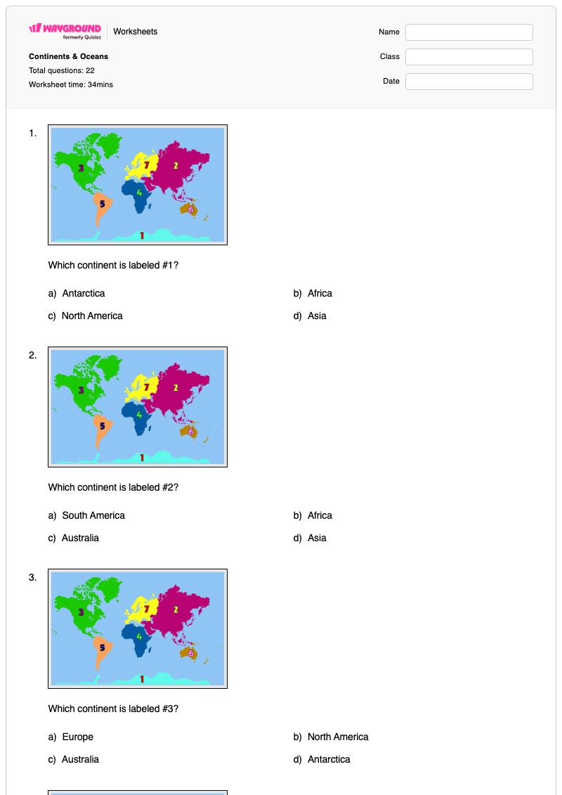 Continents & Oceans - พิมพ์ได้ ทวีปแอนตาร์กติกา เวิร์กชีท ระดับ 4 - Wayground