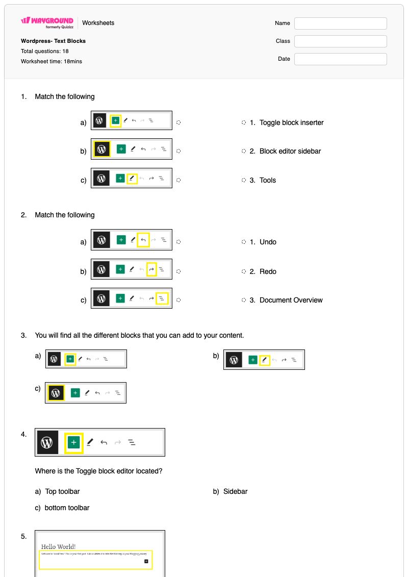 Wordpress- Text Blocks - พิมพ์ได้ Pattern-blocks เวิร์กชีท - Wayground