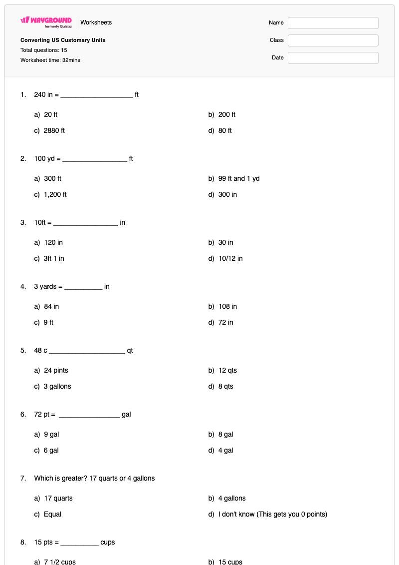Converting US Customary Units - พิมพ์ได้ การแปลงหน่วยวัดแบบดั้งเดิม เวิร์กชีท - Wayground