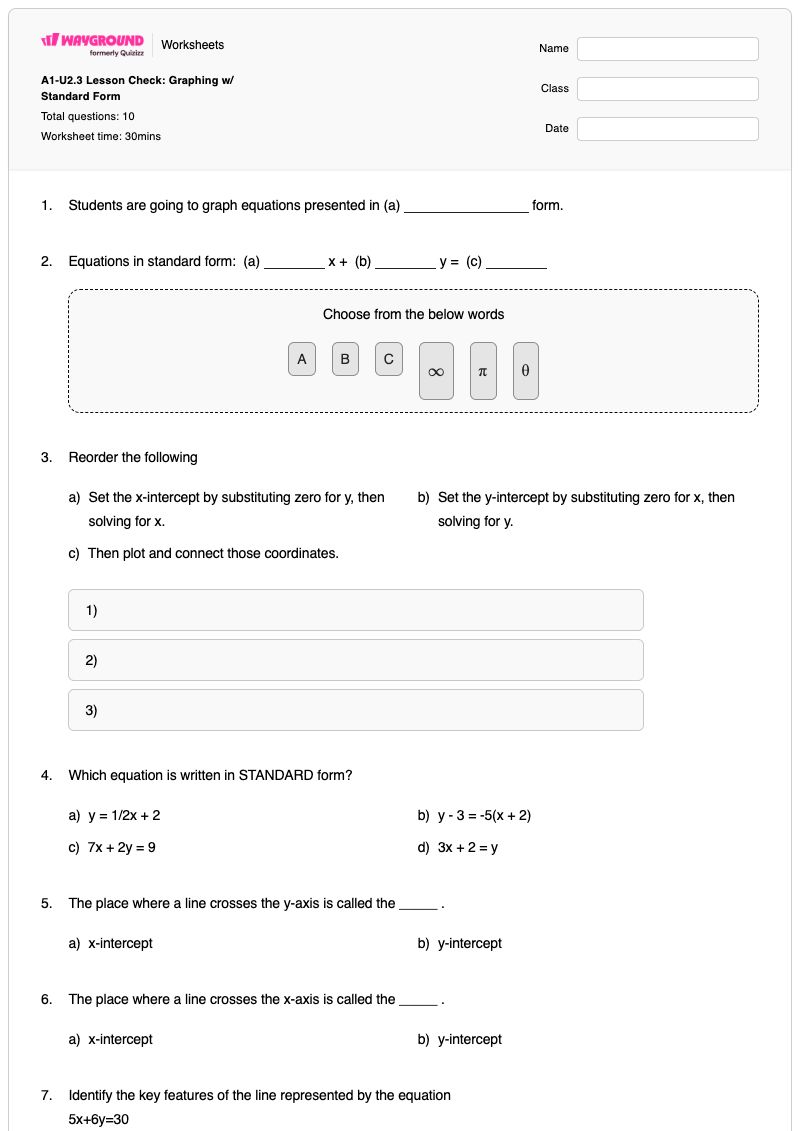 A1-U2.3 Lesson Check: Graphing w/ Standard Form - Printable Standard-and-nonstandard-units Worksheets Kindergarten - Wayground
