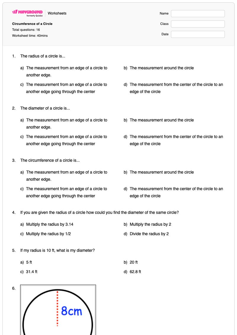 Circumference of a Circle - พิมพ์ได้ Diameter เวิร์กชีท - Wayground