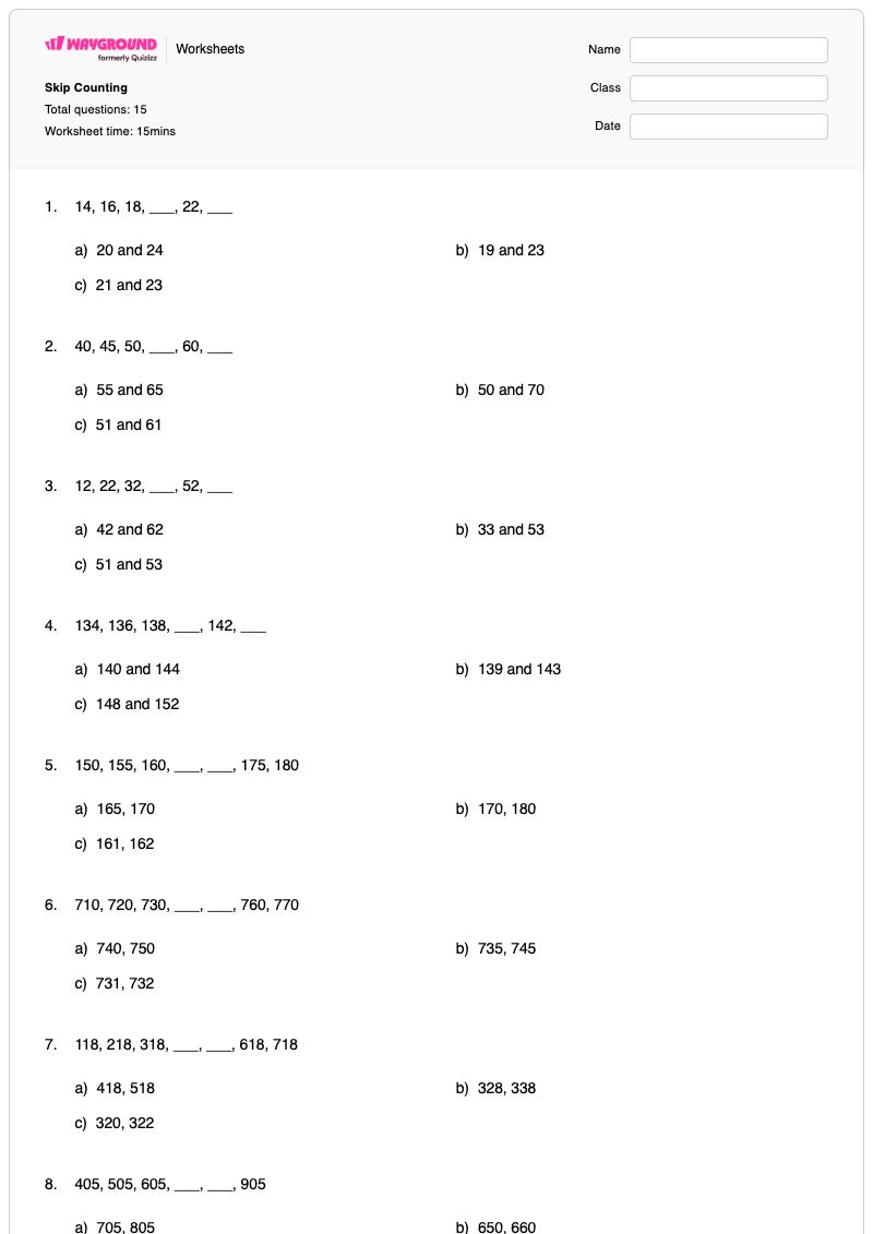 Skip Counting - พิมพ์ได้ Intervals เวิร์กชีท ระดับ 2 - Wayground