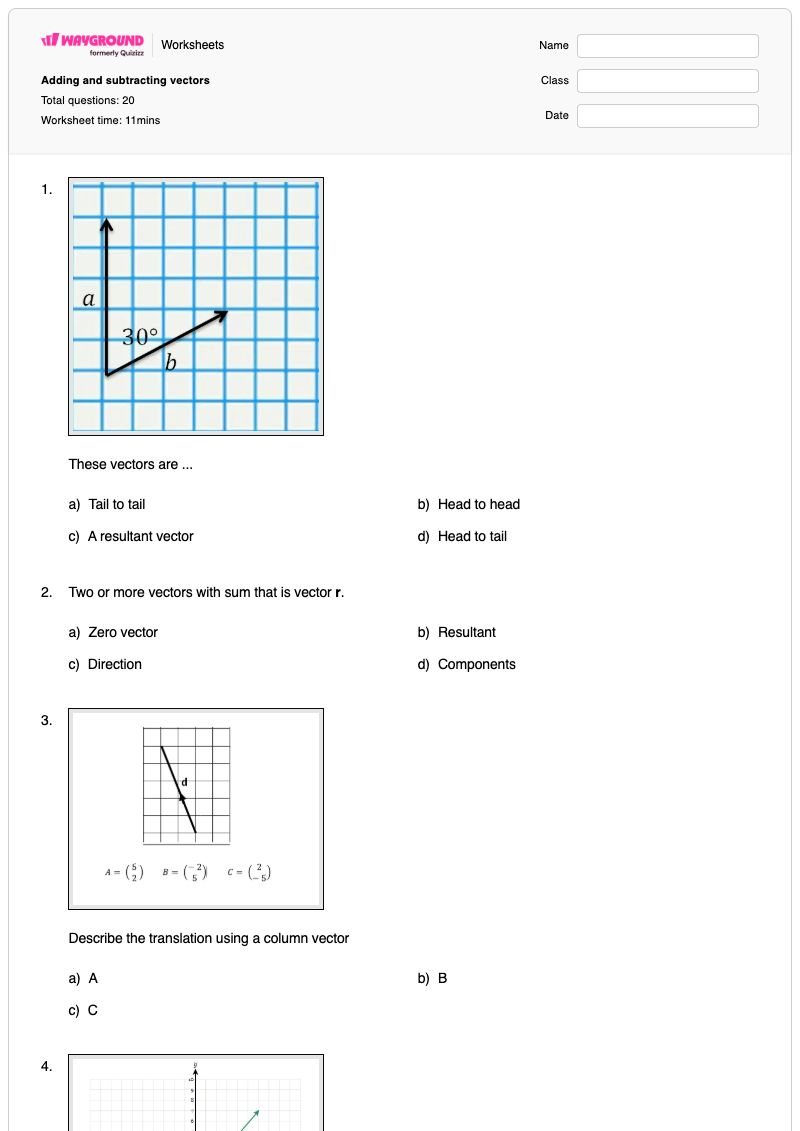 Adding and subtracting vectors - พิมพ์ได้ Vector-components เวิร์กชีท ระดับ 10 - Wayground