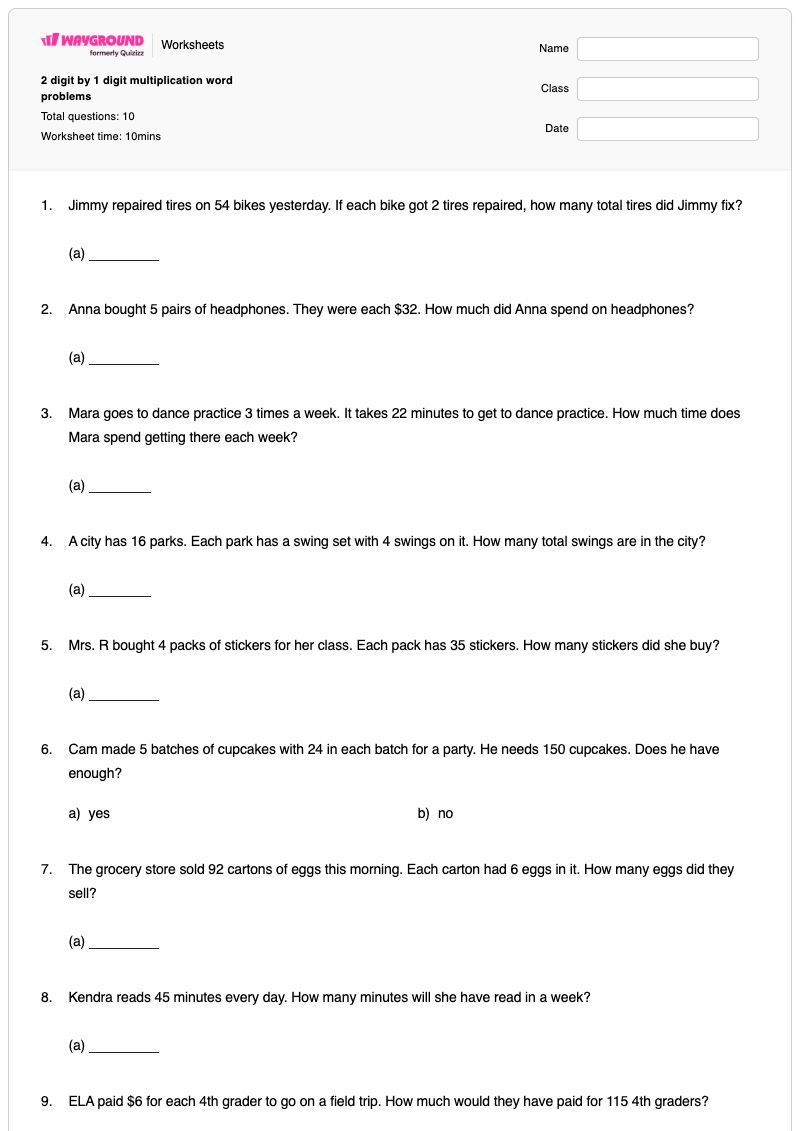 2 digit by 1 digit multiplication word problems - พิมพ์ได้ โจทย์ปัญหาการคูณเลขหลายหลัก เวิร์กชีท ระดับ 3 - Wayground