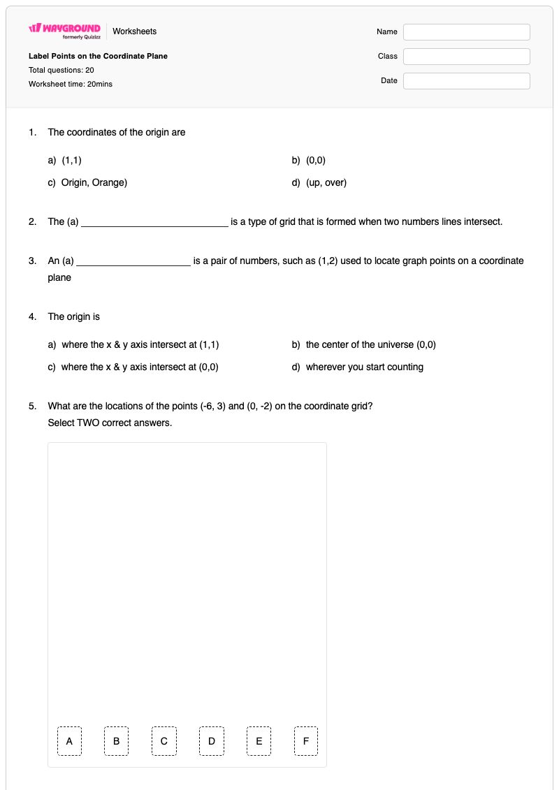 Label Points on the Coordinate Plane - Printable Identifying-points-on-the-coordinate-plane Worksheets Class 7 - Wayground