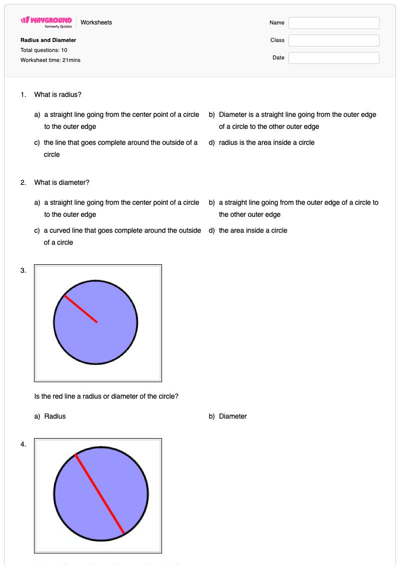 Radius and Diameter - พิมพ์ได้ Diameter เวิร์กชีท - Wayground