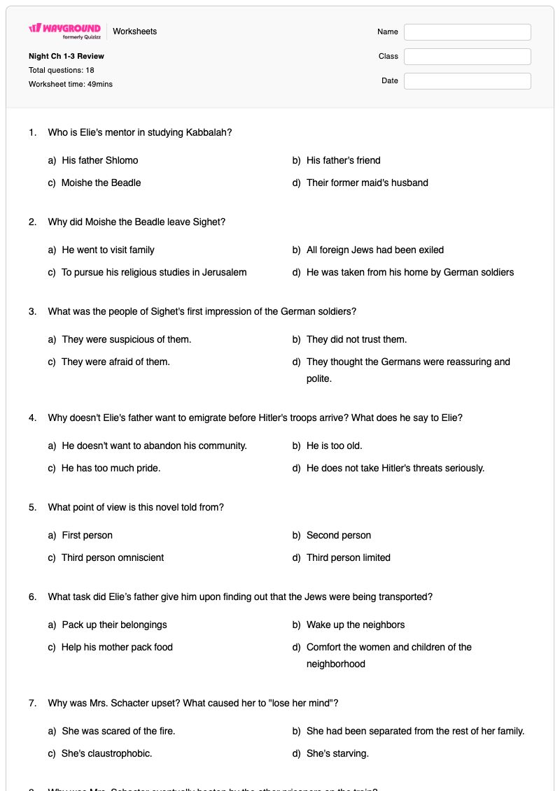 Night Ch 1-3 Review - Printable First-and-third-person-point-of-view Worksheets Class 8 - Wayground