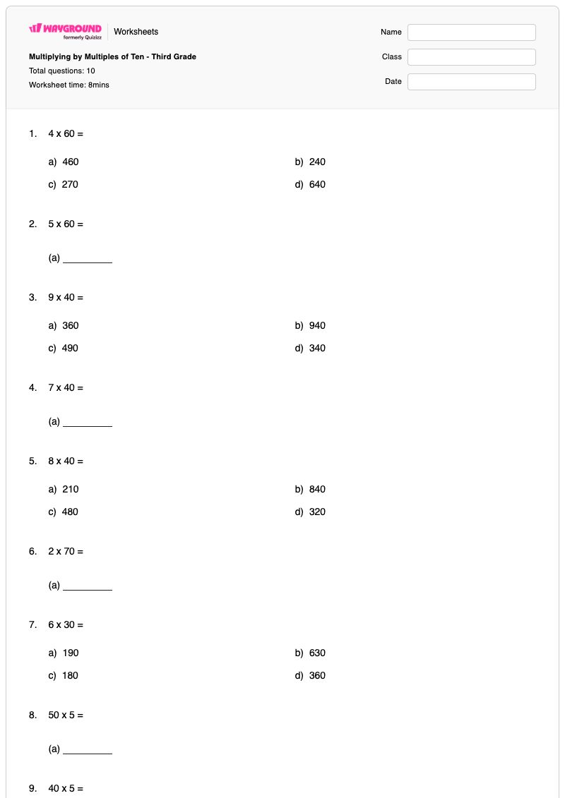 Multiplying by Multiples of Ten - Third Grade - Printable Multiples-of-10 Worksheets - Wayground