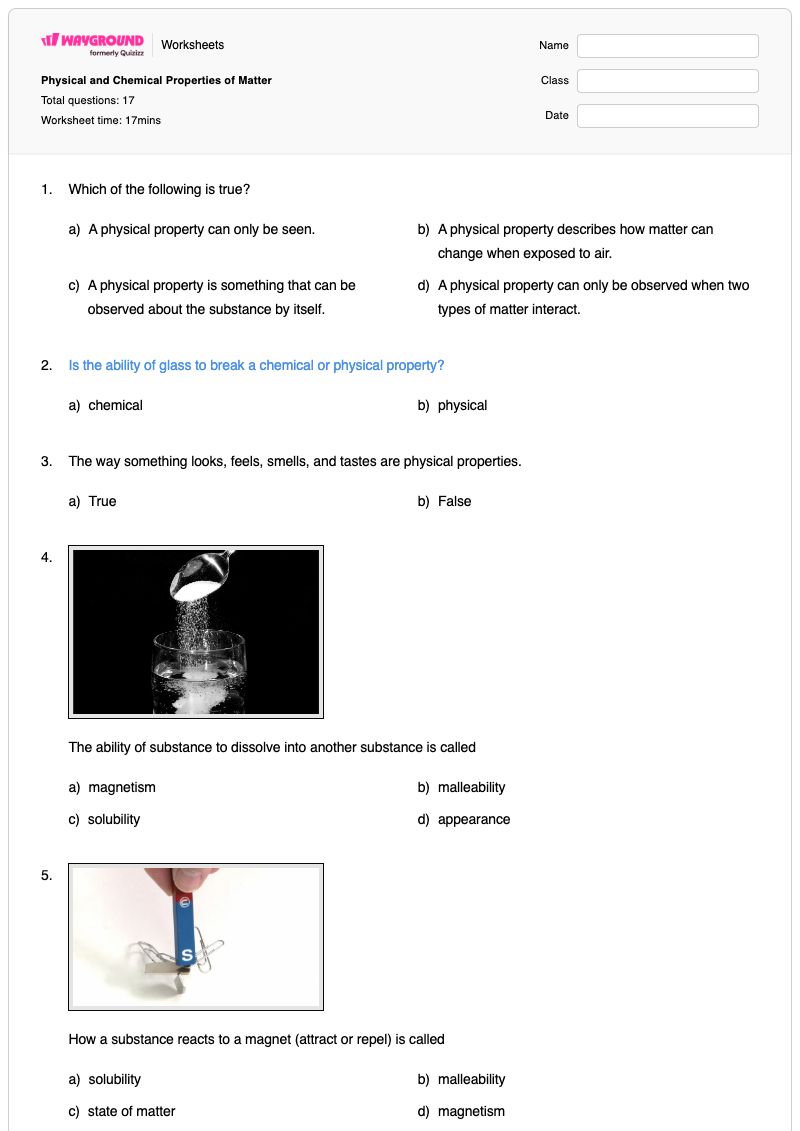Physical and Chemical Properties of Matter - พิมพ์ได้ สมบัติทางกายภาพและทางเคมี เวิร์กชีท - Wayground