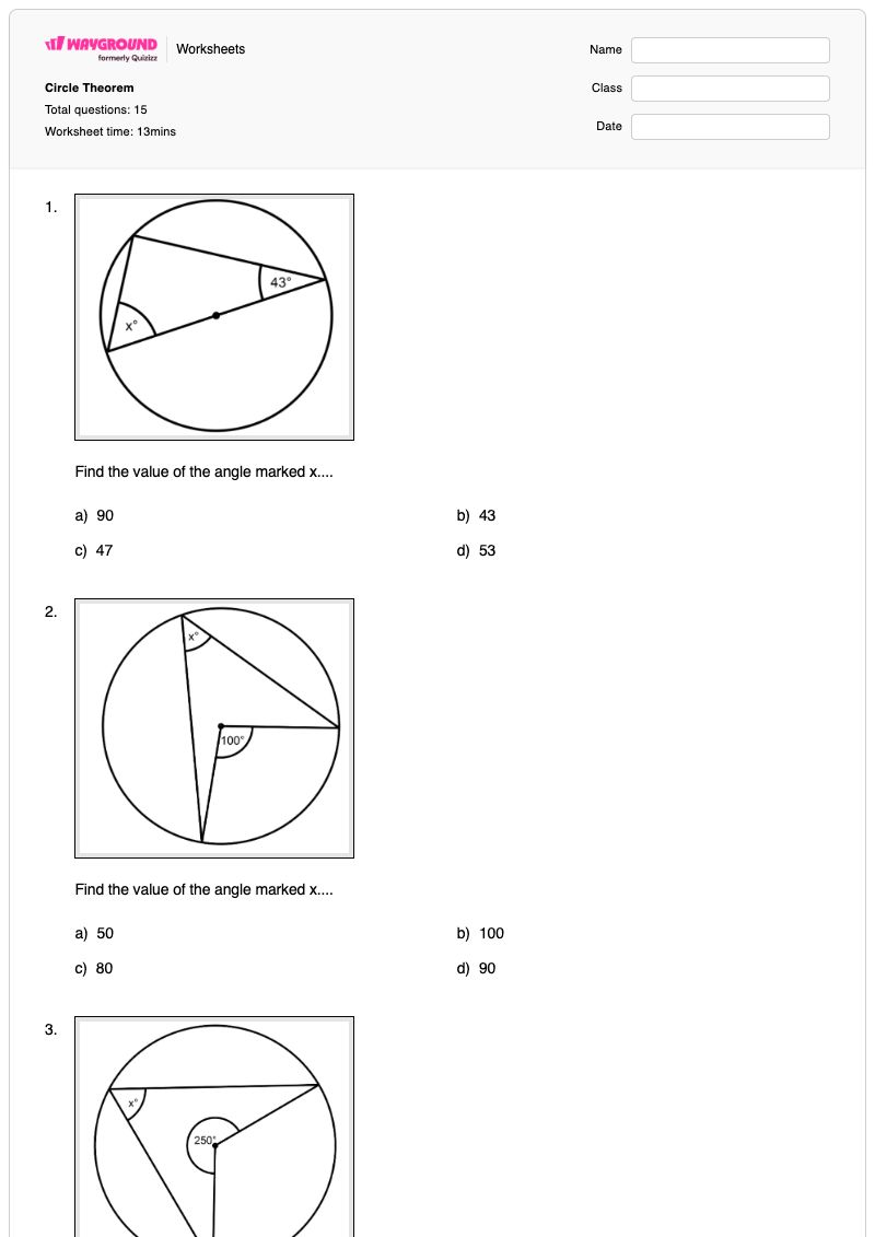 Circle Theorem - พิมพ์ได้ ความสัมพันธ์เชิงมุม เวิร์กชีท - Wayground