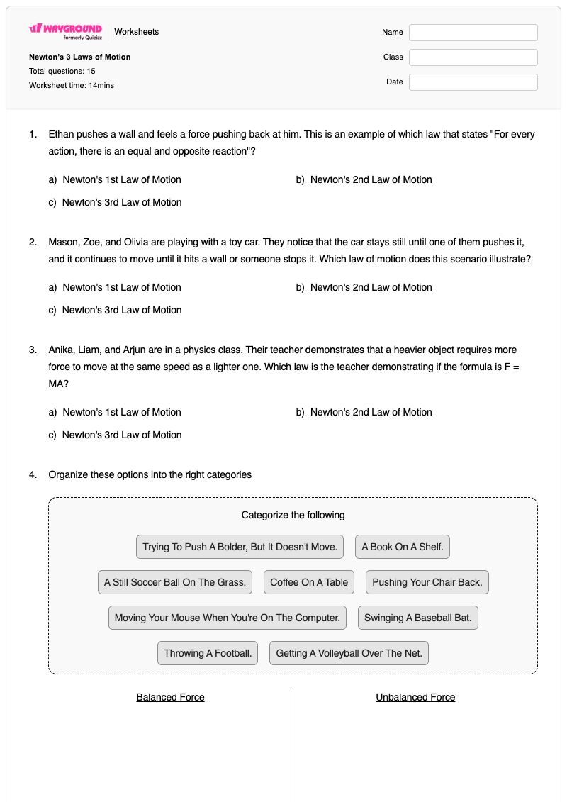 Newton's 3 Laws of Motion - Printable Nekton Worksheets Year 6 - Wayground