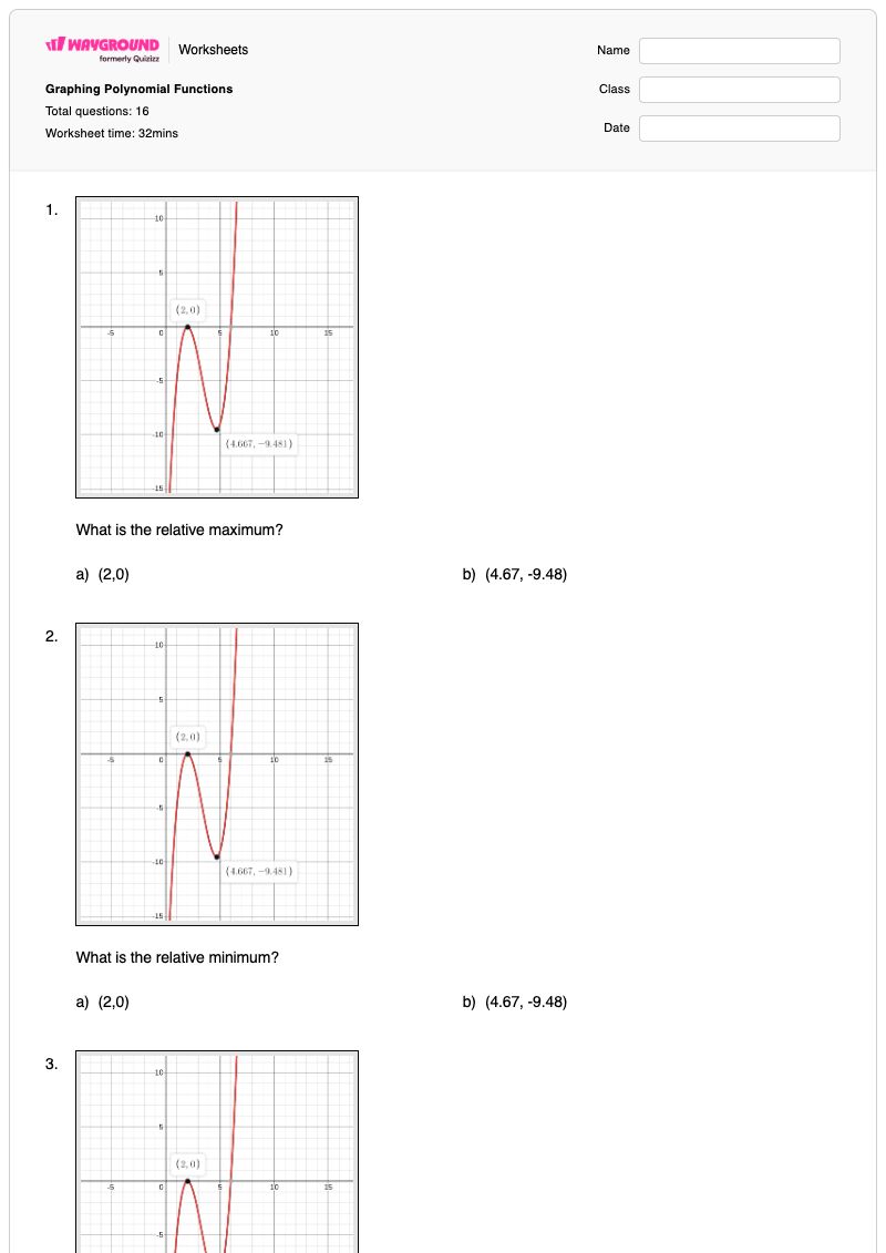 Graphing Polynomial Functions - พิมพ์ได้ การสร้างกราฟพหุนาม เวิร์กชีท - Wayground